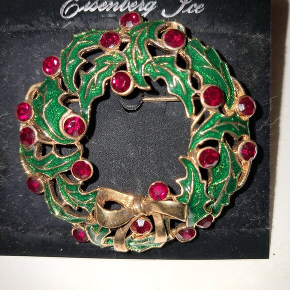 Vintage Eisenberg Ice Red Rhinestones and Green Enamel Christmas Brooch - Picture 1 of 3